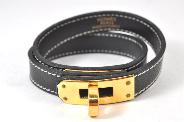 Authentic HERMES Bracelet Bangle Kelly Double Tours Leather Black 4769K