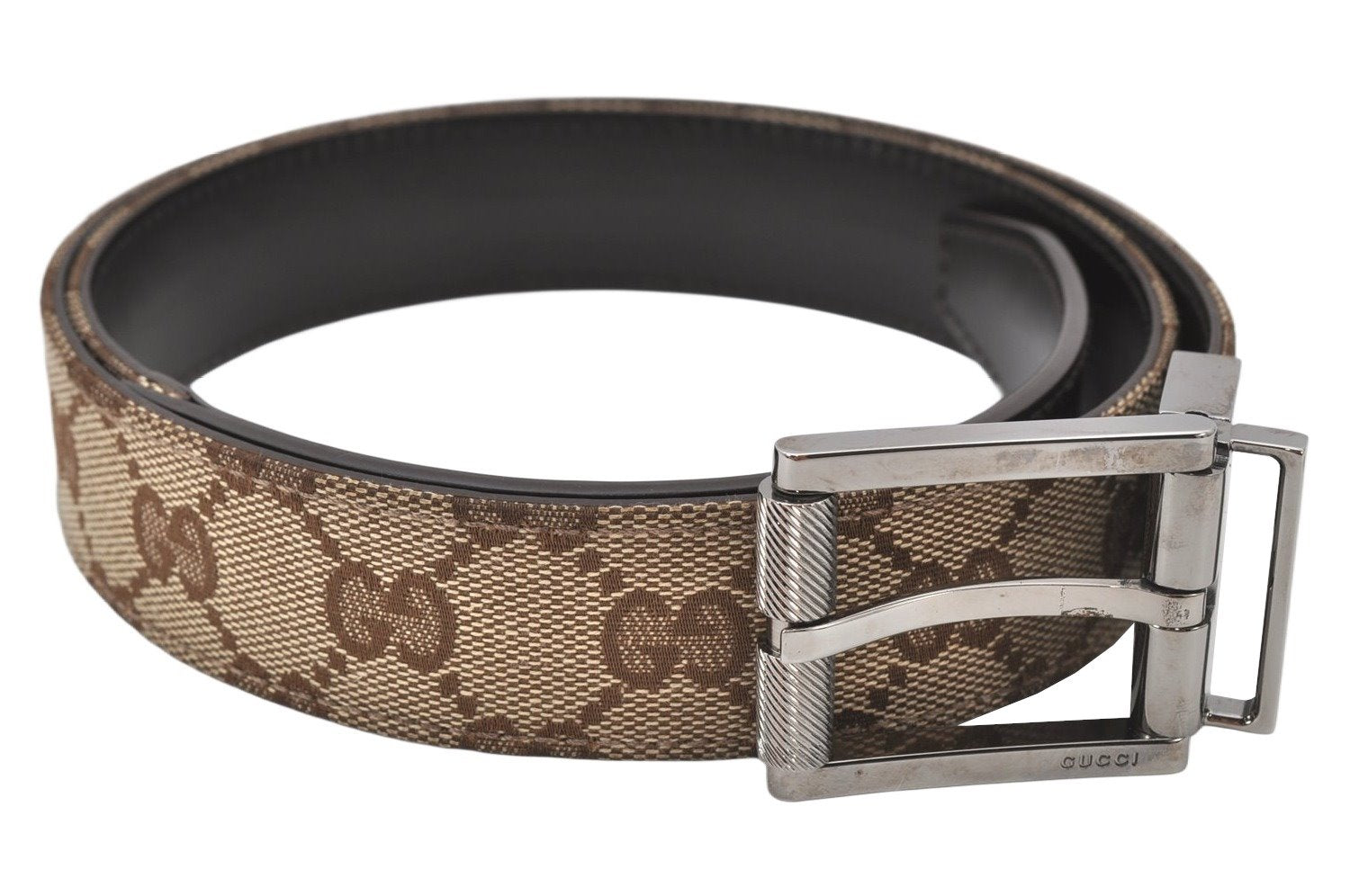 Authentic GUCCI Vintage Belt GG Canvas Leather 32.5-34.4