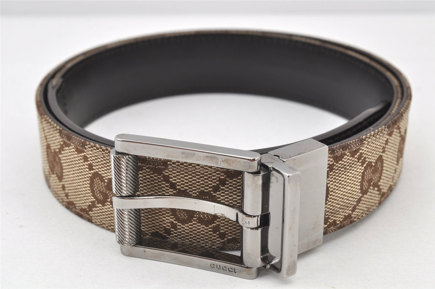 Authentic GUCCI Vintage Belt GG Canvas Leather 32.5-34.4