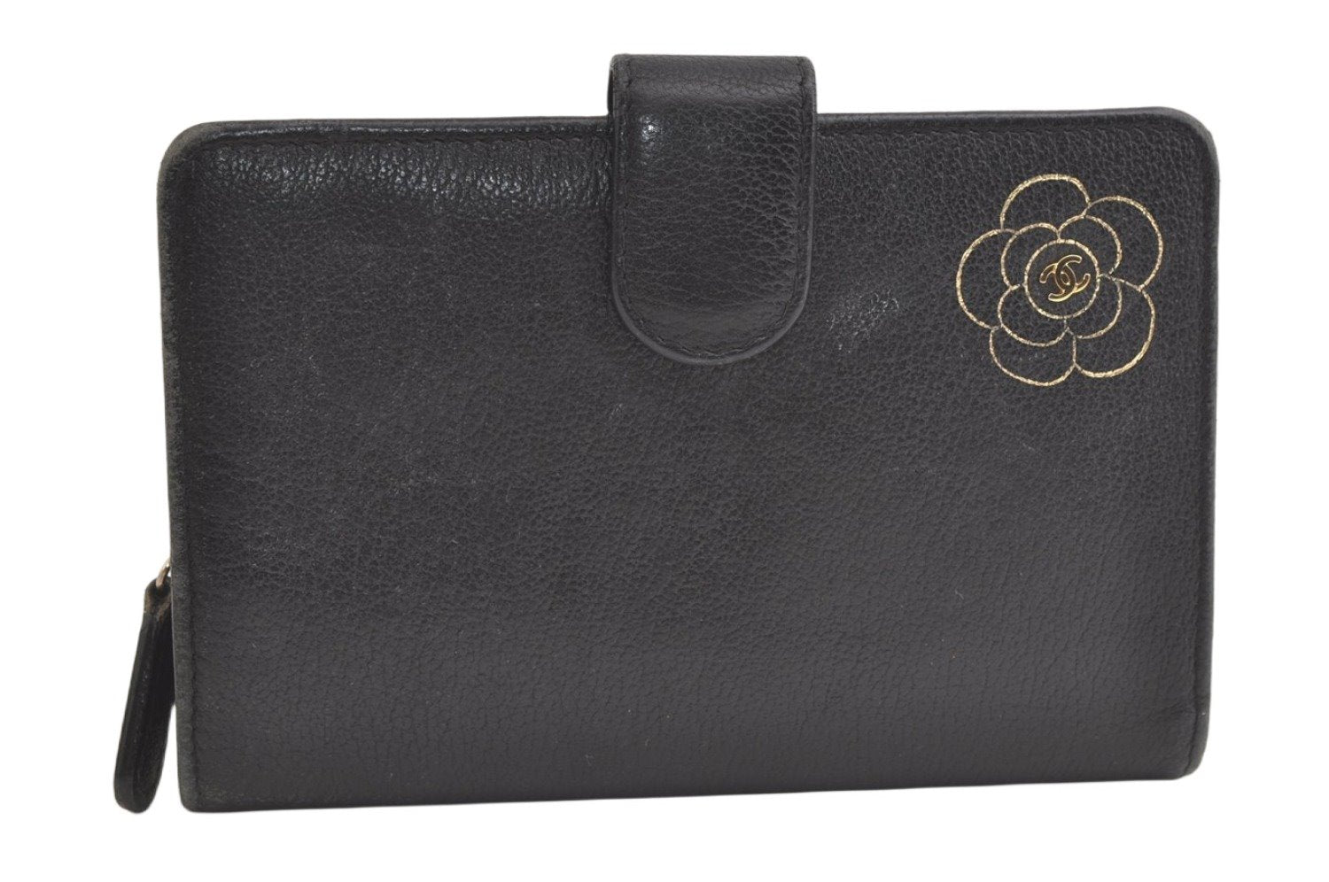 Authentic CHANEL Butterfly Camellia Calf Skin CC Logo Bifold Wallet Black 4773K