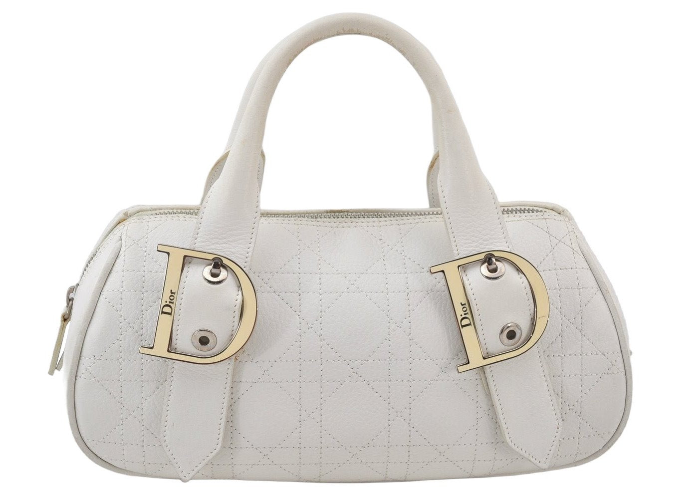 Authentic Christian Dior Cannage Leather Hand Boston Bag Purse White CD 4782K