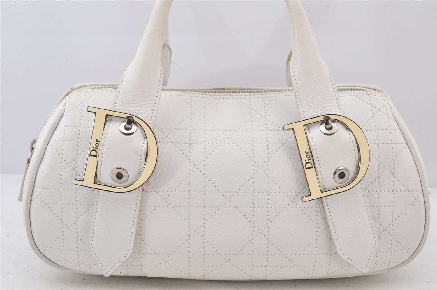 Authentic Christian Dior Cannage Leather Hand Boston Bag Purse White CD 4782K
