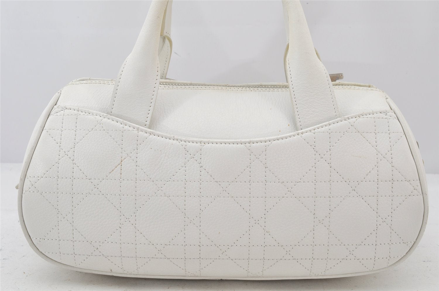 Authentic Christian Dior Cannage Leather Hand Boston Bag Purse White CD 4782K