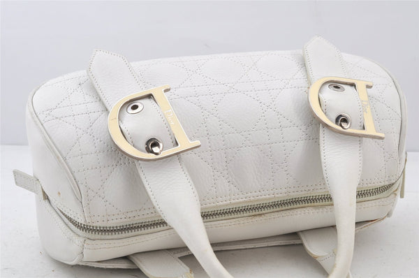 Authentic Christian Dior Cannage Leather Hand Boston Bag Purse White CD 4782K