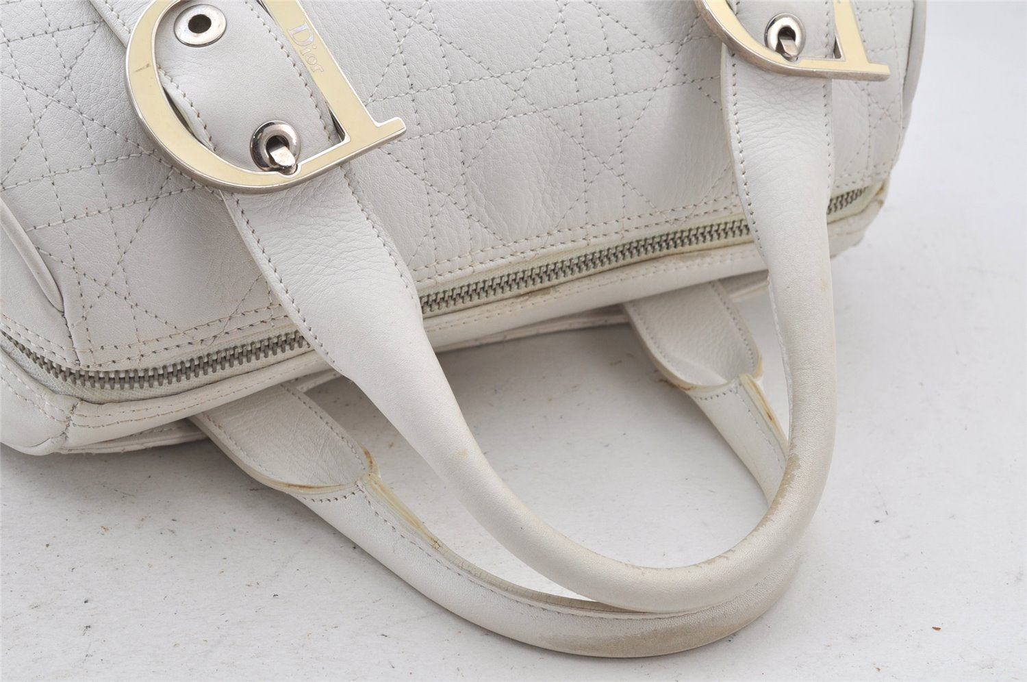 Authentic Christian Dior Cannage Leather Hand Boston Bag Purse White CD 4782K