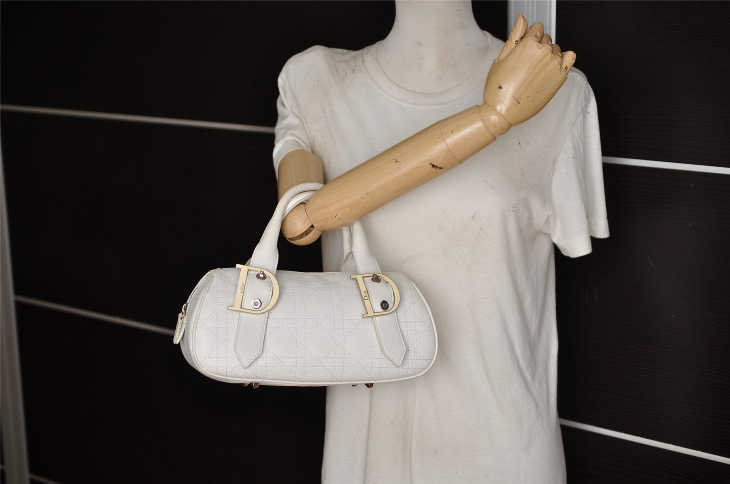 Authentic Christian Dior Cannage Leather Hand Boston Bag Purse White CD 4782K