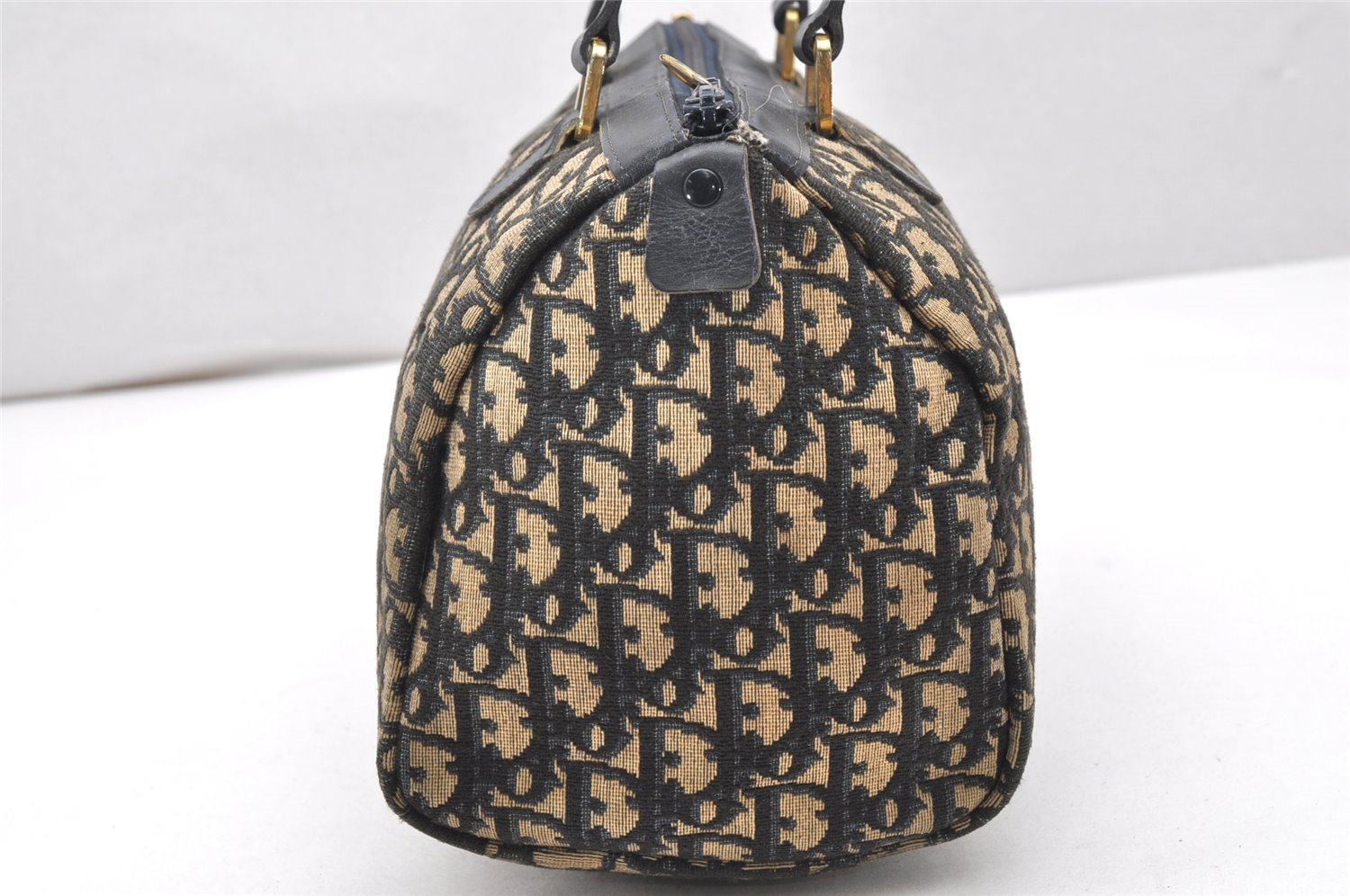 Authentic Christian Dior Trotter Hand Boston Bag Purse Canvas Leather Blue 4784K