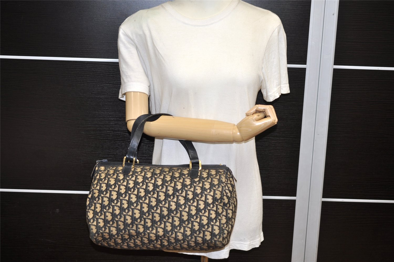 Authentic Christian Dior Trotter Hand Boston Bag Purse Canvas Leather Blue 4784K