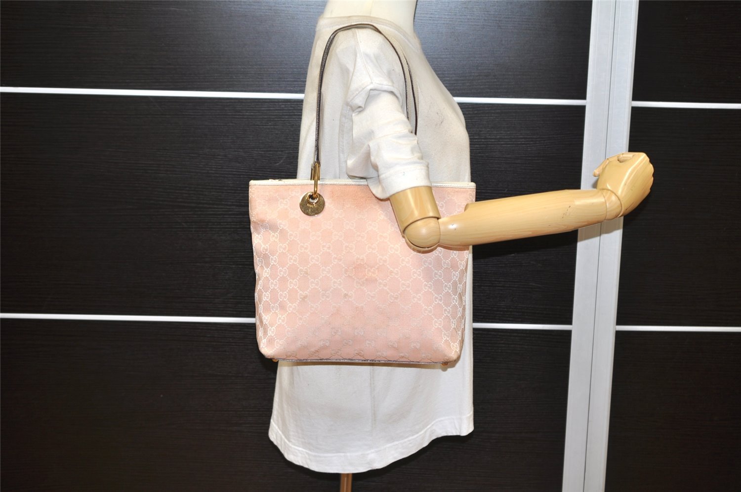 Authentic GUCCI Eclipse Shoulder Tote Bag GG Canvas Leather 139552 Pink 4789K