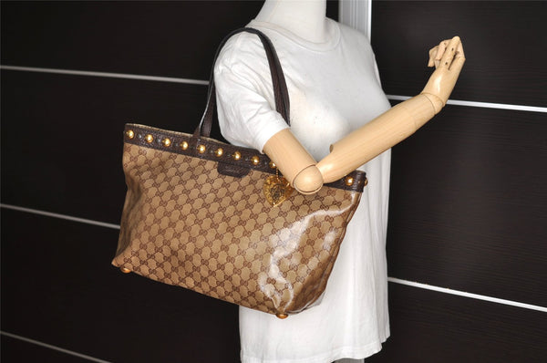 Authentic GUCCI Heart Crest GG Crystal PVC Leather Tote Bag 207291 Brown 4794I
