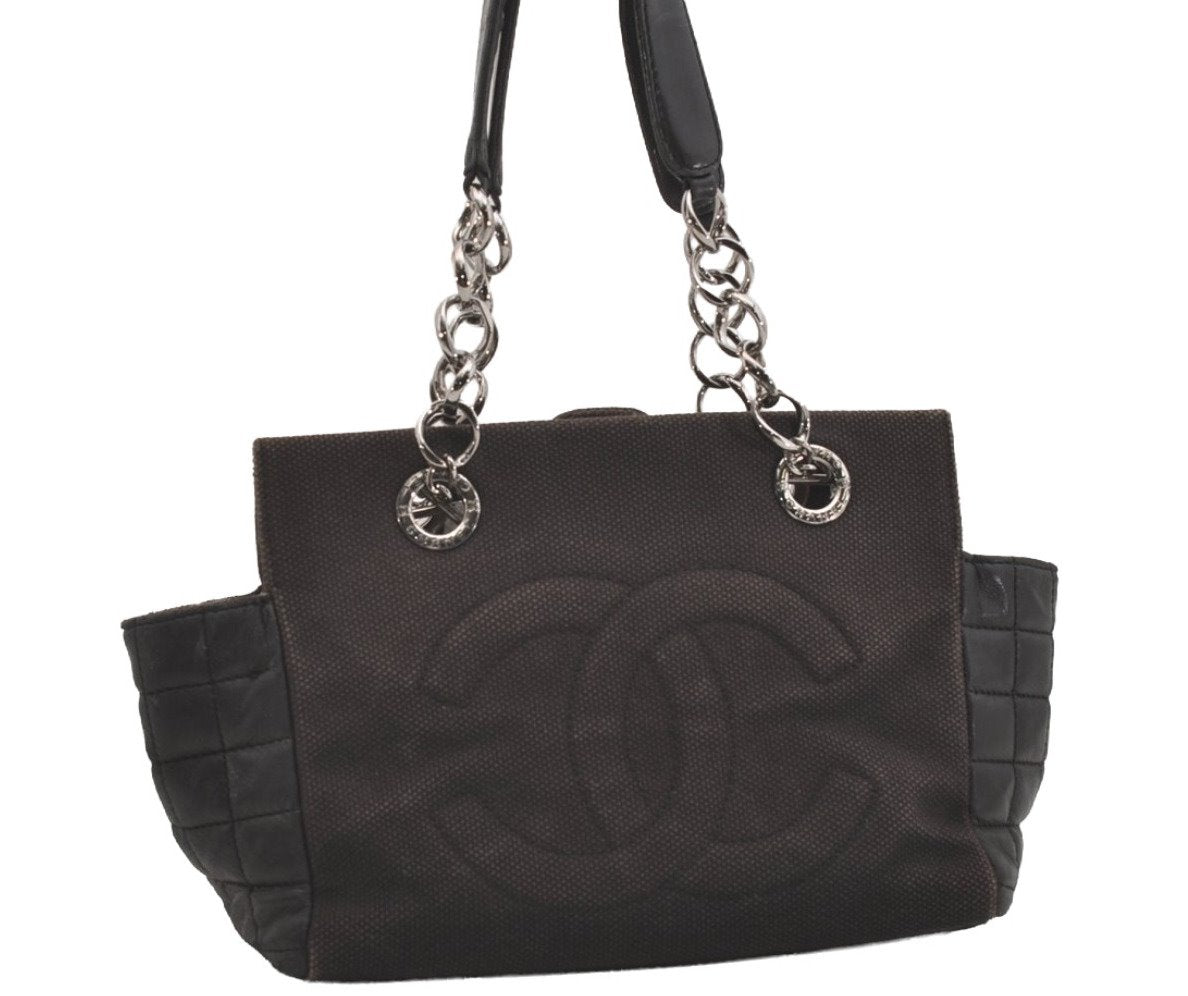 Authentic CHANEL Chocolate Bar Canvas Calf Skin CC Chain Tote Bag Black 4795J