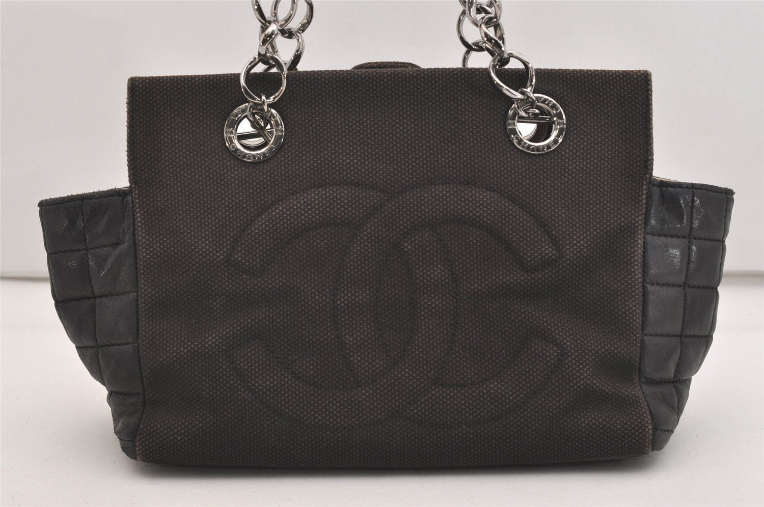 Authentic CHANEL Chocolate Bar Canvas Calf Skin CC Chain Tote Bag Black 4795J