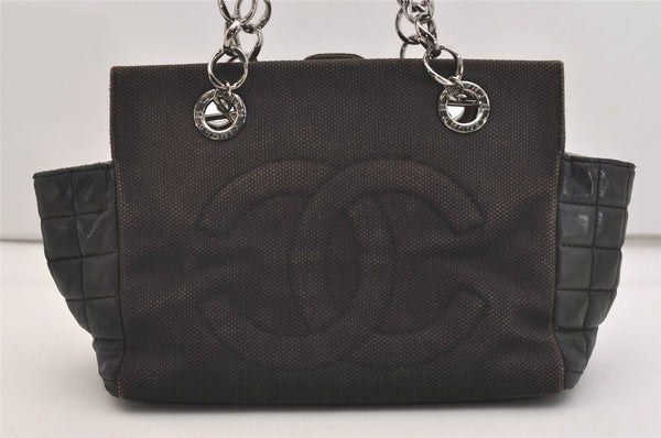 Authentic CHANEL Chocolate Bar Canvas Calf Skin CC Chain Tote Bag Black 4795J