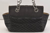 Authentic CHANEL Chocolate Bar Canvas Calf Skin CC Chain Tote Bag Black 4795J