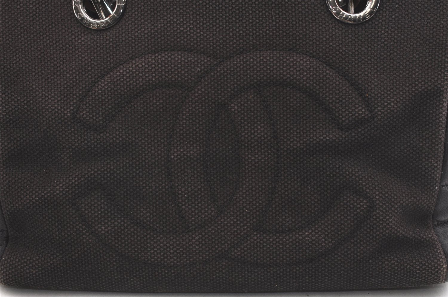 Authentic CHANEL Chocolate Bar Canvas Calf Skin CC Chain Tote Bag Black 4795J