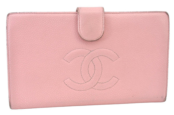 Authentic CHANEL Caviar Skin CoCo Mark Long Wallet Purse Pink 4803H