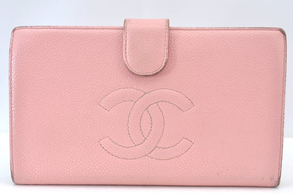 Authentic CHANEL Caviar Skin CoCo Mark Long Wallet Purse Pink 4803H