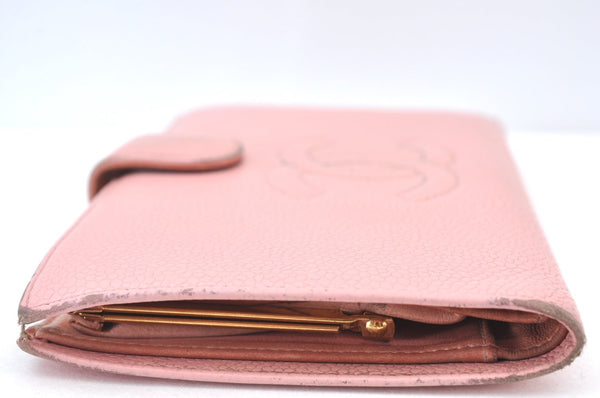 Authentic CHANEL Caviar Skin CoCo Mark Long Wallet Purse Pink 4803H