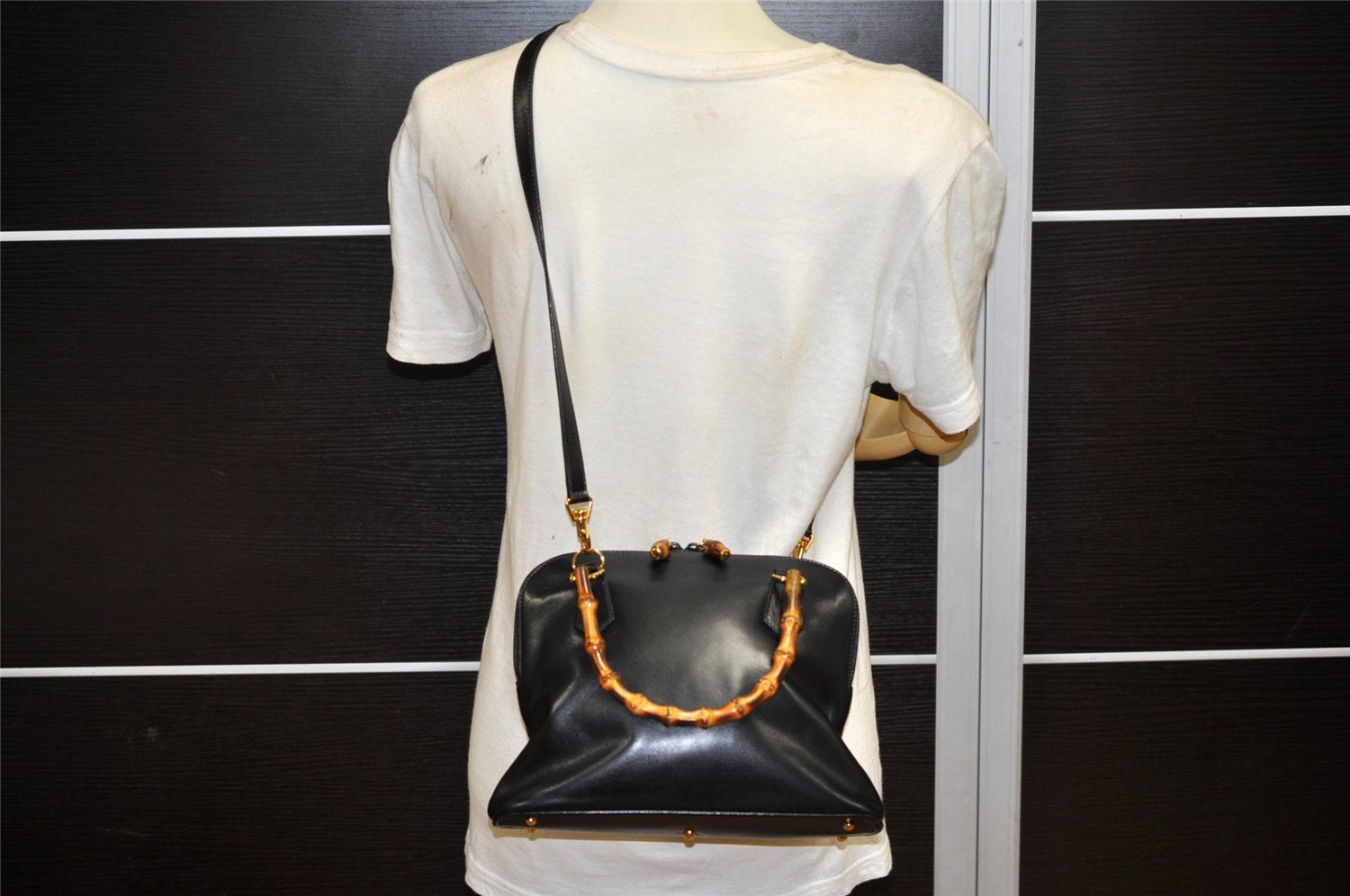 Authentic GUCCI Bamboo 2Way Shoulder Hand Bag Purse Leather Black Junk 4805K