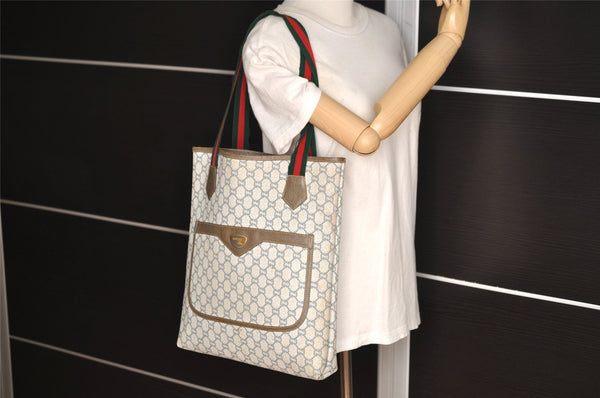 Authentic GUCCI Web Sherry Line GG Plus Shoulder Tote Bag PVC Leather Gray 4821I