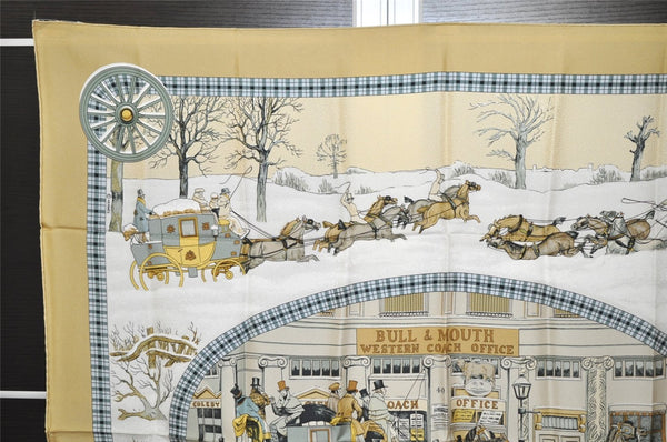 Authentic HERMES Carre 90 Scarf "L'Hiver en Poste" Silk Beige Paper Bag 4821J