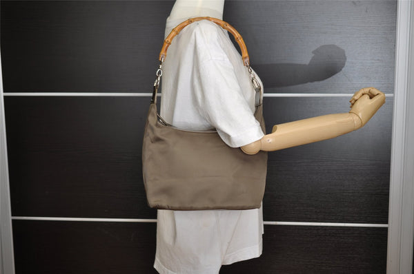 Authentic GUCCI Bamboo Shoulder Hand Bag Purse Nylon Leather Khaki Green 4825I