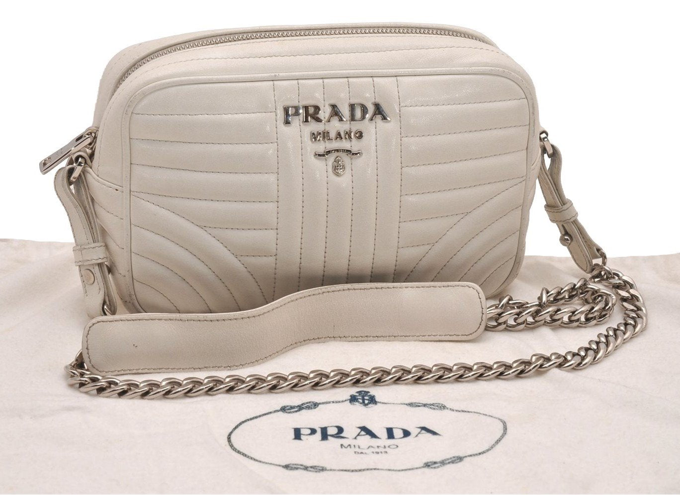 Authentic PRADA Leather Nappa Chain Shoulder Cross Body Bag Purse White 4825J