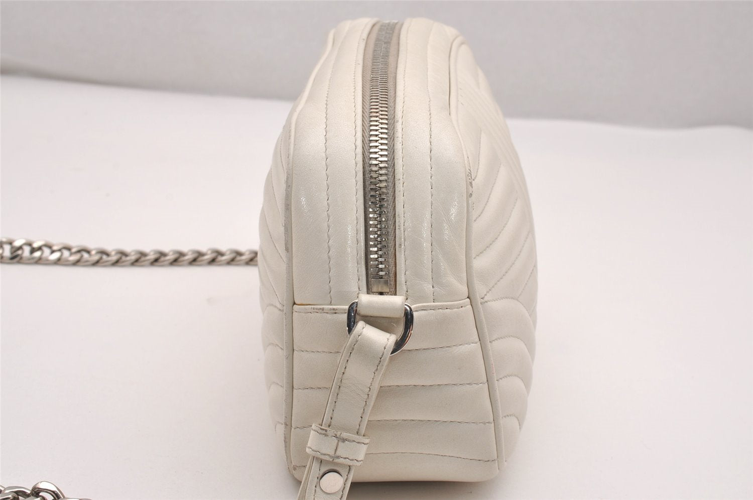 Authentic PRADA Leather Nappa Chain Shoulder Cross Body Bag Purse White 4825J