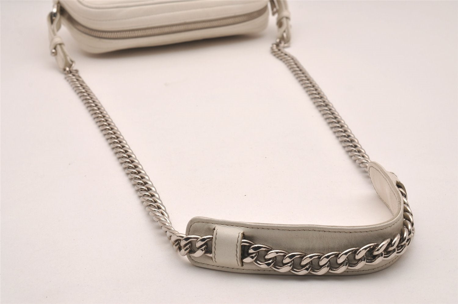 Authentic PRADA Leather Nappa Chain Shoulder Cross Body Bag Purse White 4825J