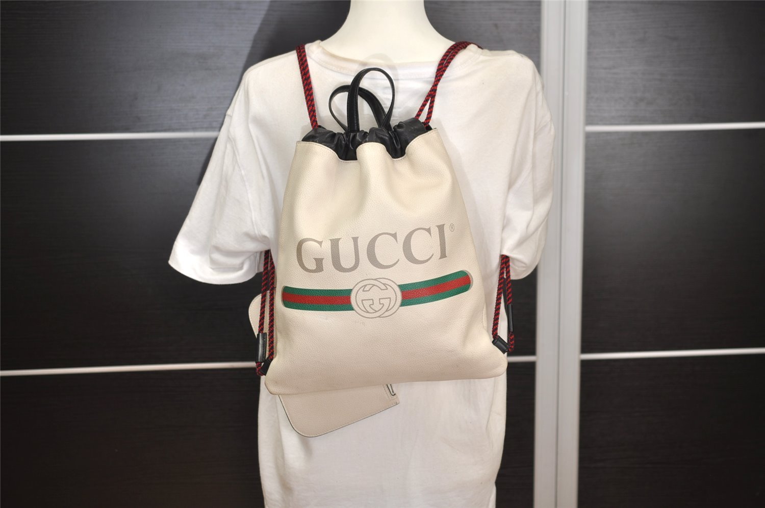 Authentic GUCCI Web Sherry Line Coco Capitan Backpack GG Leather White 4828J