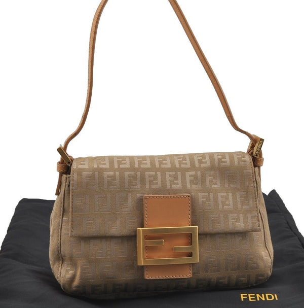 Authentic FENDI Zucchino Mamma Baguette Shoulder Bag Canvas Leather Beige 4833J