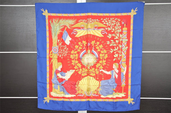 Authentic HERMES Carre 90 Scarf "1789 LIBERTE EGALITE" Silk Blue 4838I