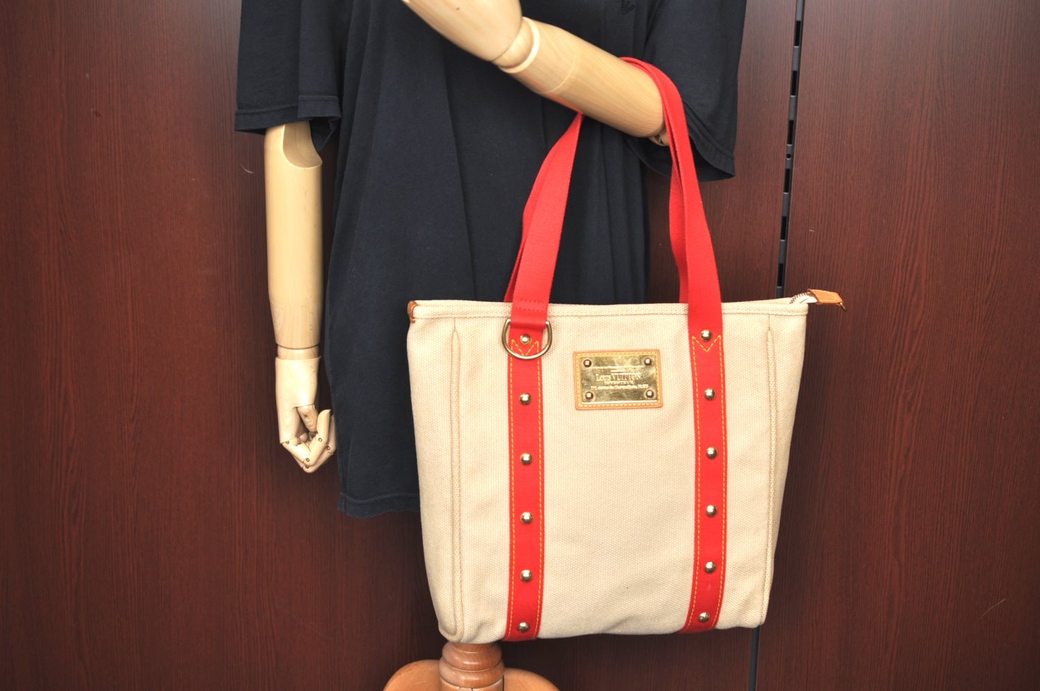 Authentic Louis Vuitton Antigua Cabas MM Tote Bag Beige Red M40035 LV 4839J