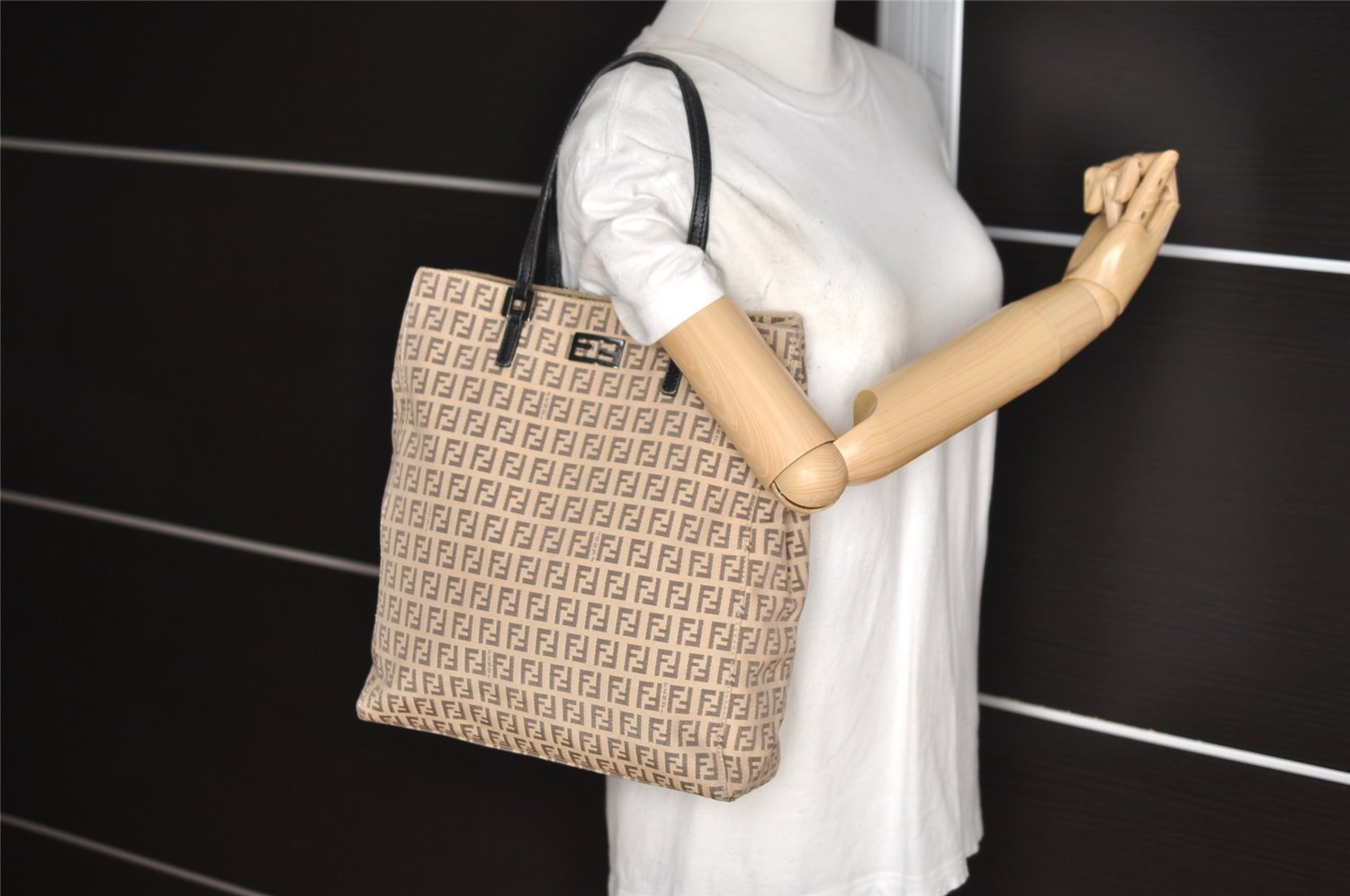 Authentic FENDI Vintage Zucchino Hand Bag Canvas Leather Beige 4841I