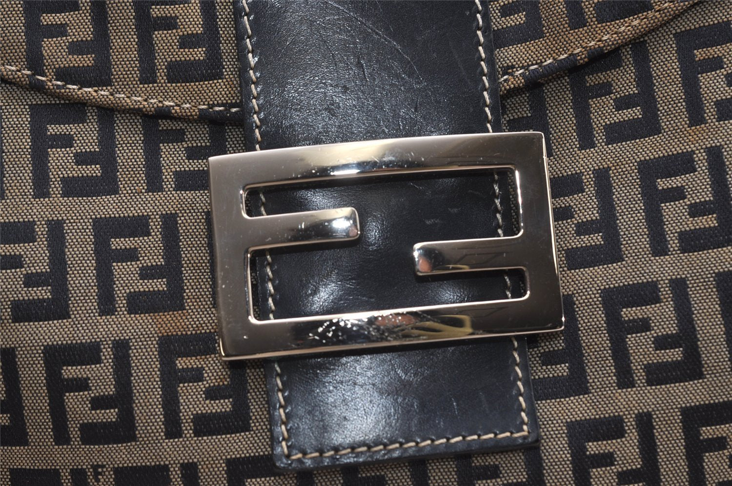 Authentic FENDI Zucchino Mamma Baguette Shoulder Bag Canvas Leather Navy 4841J