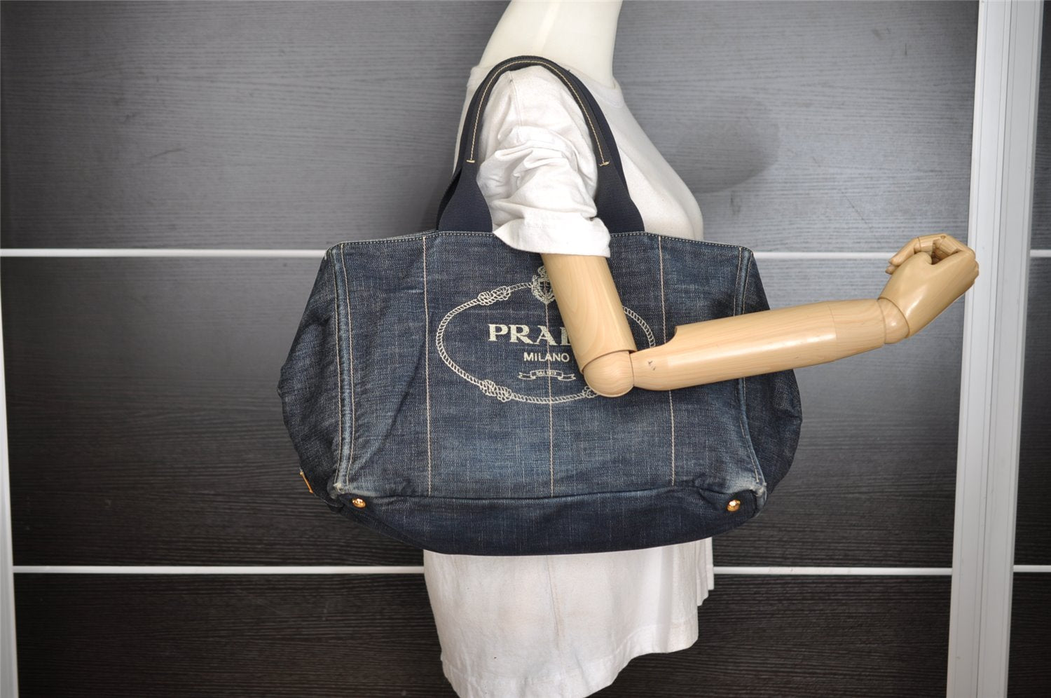 Authentic PRADA Canapa L Vintage Canvas Tote Hand Bag Denim Blue 4852I