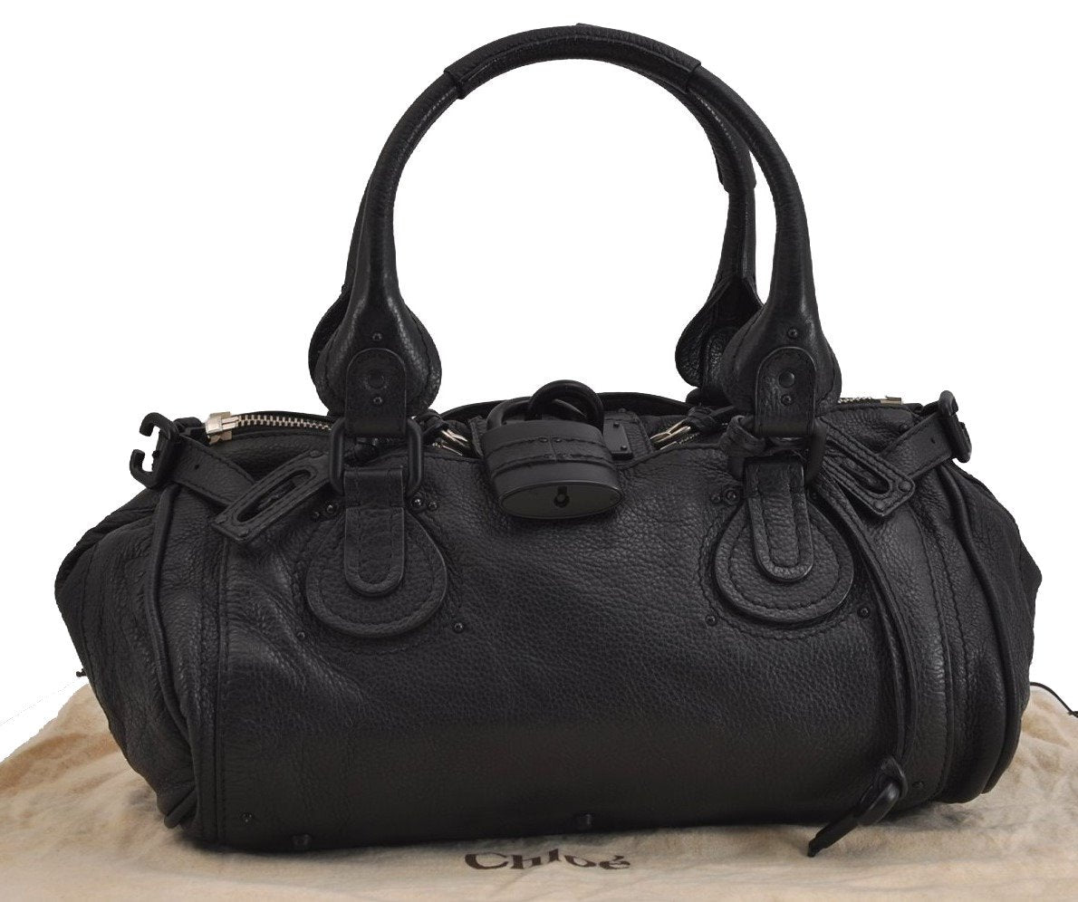 Authentic Chloe Vintage Paddington Leather Shoulder Hand Bag Black 4855J