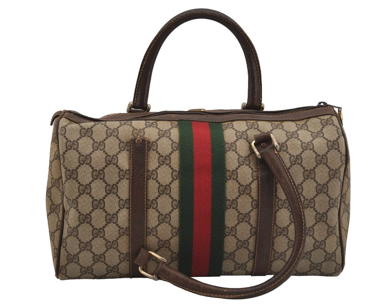 Authentic GUCCI Web Sherry Line Hand Boston Bag GG PVC Leather Brown Junk 4862J