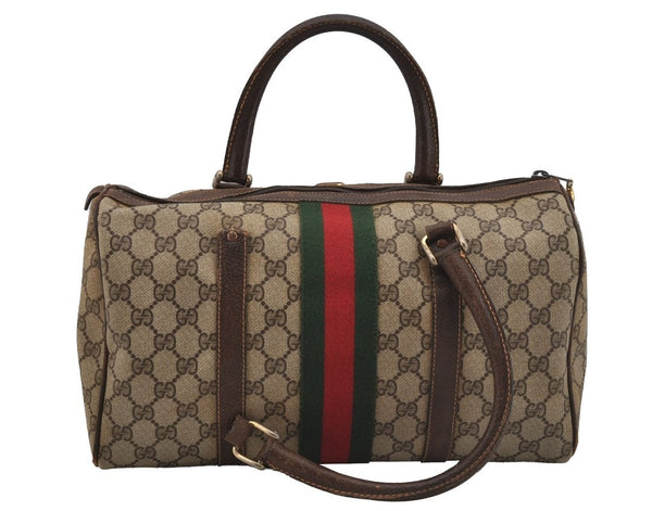 Authentic GUCCI Web Sherry Line Hand Boston Bag GG PVC Leather Brown Junk 4862J