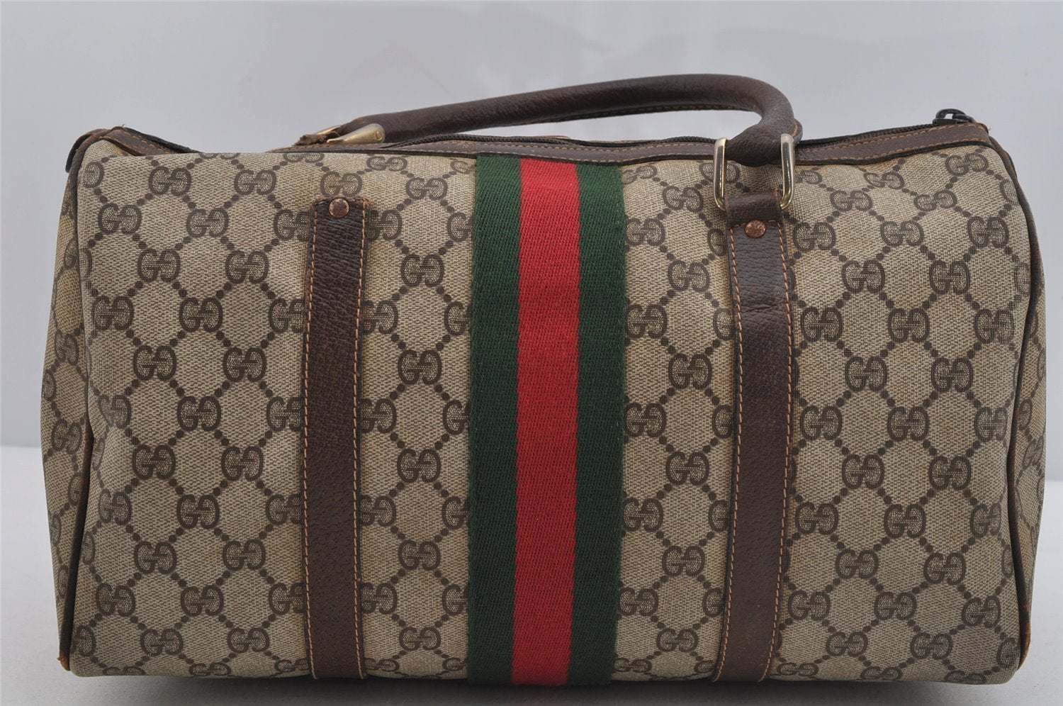 Authentic GUCCI Web Sherry Line Hand Boston Bag GG PVC Leather Brown Junk 4862J