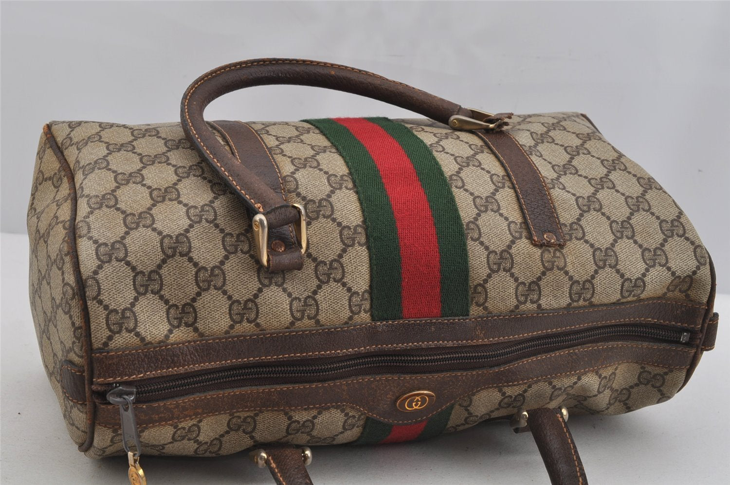 Authentic GUCCI Web Sherry Line Hand Boston Bag GG PVC Leather Brown Junk 4862J