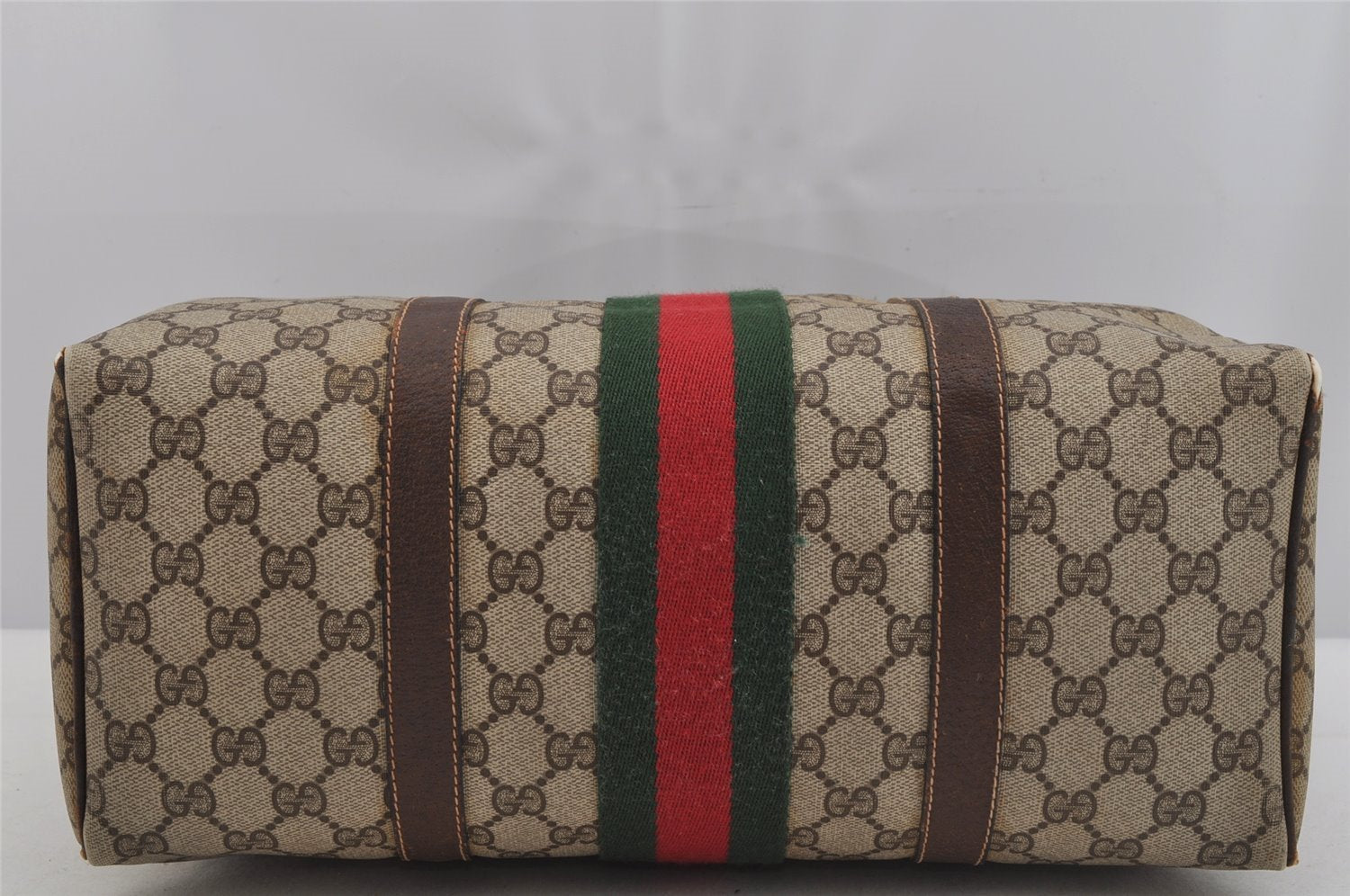 Authentic GUCCI Web Sherry Line Hand Boston Bag GG PVC Leather Brown Junk 4862J