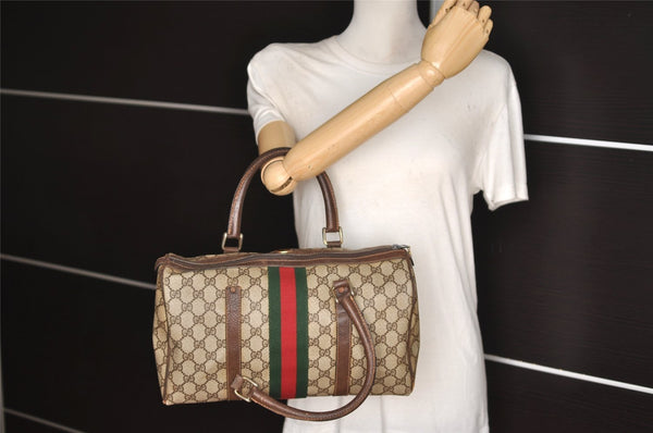 Authentic GUCCI Web Sherry Line Hand Boston Bag GG PVC Leather Brown Junk 4862J