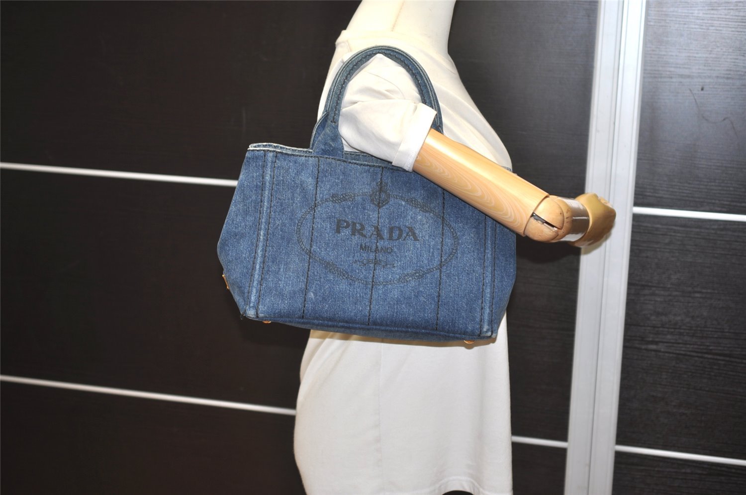 Authentic PRADA Canapa SS Vintage Denim 2Way Shoulder Hand Bag Blue 4870I