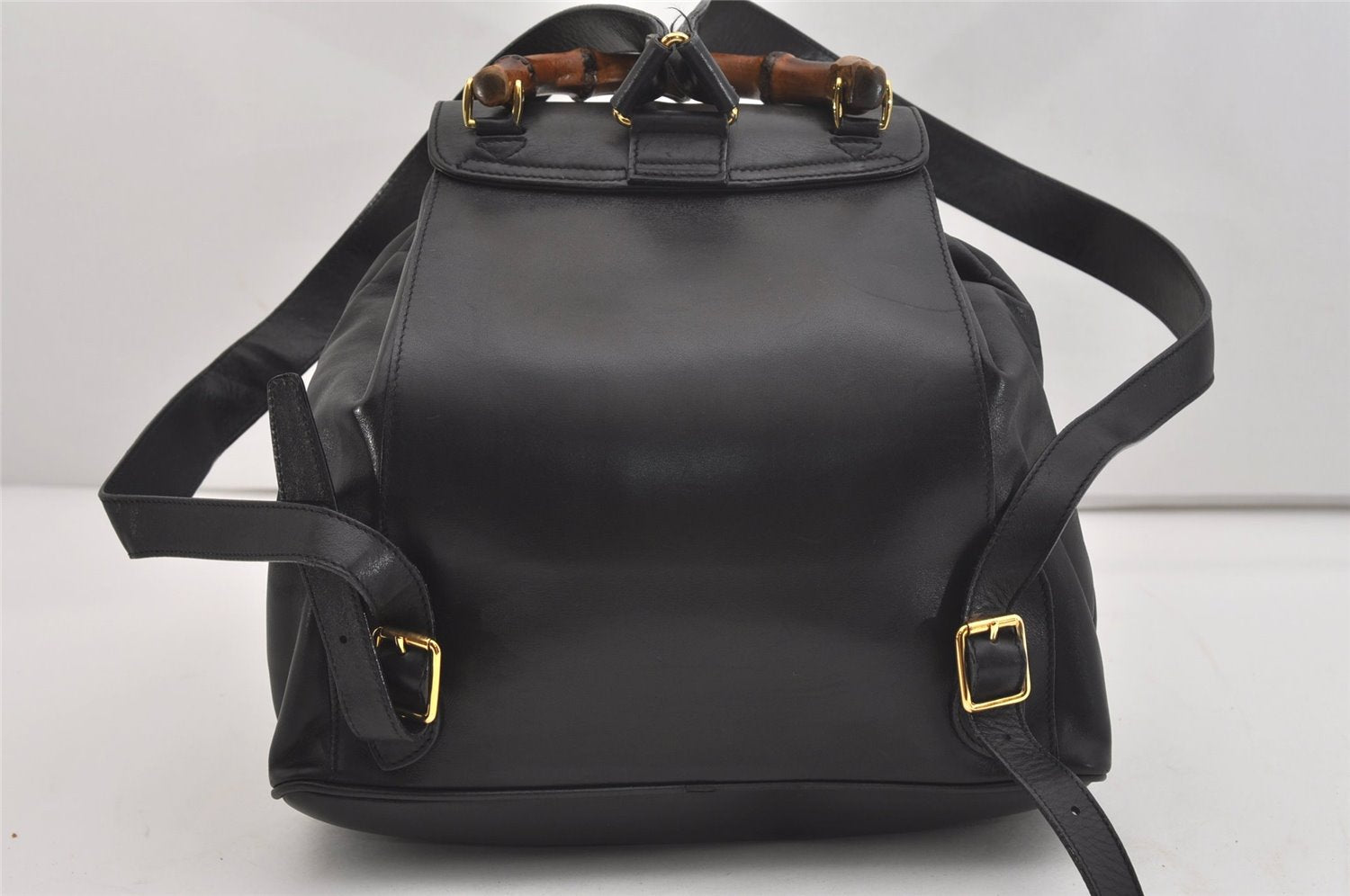 Authentic GUCCI Vintage Bamboo Drawstring Backpack Purse Leather Black 4870J