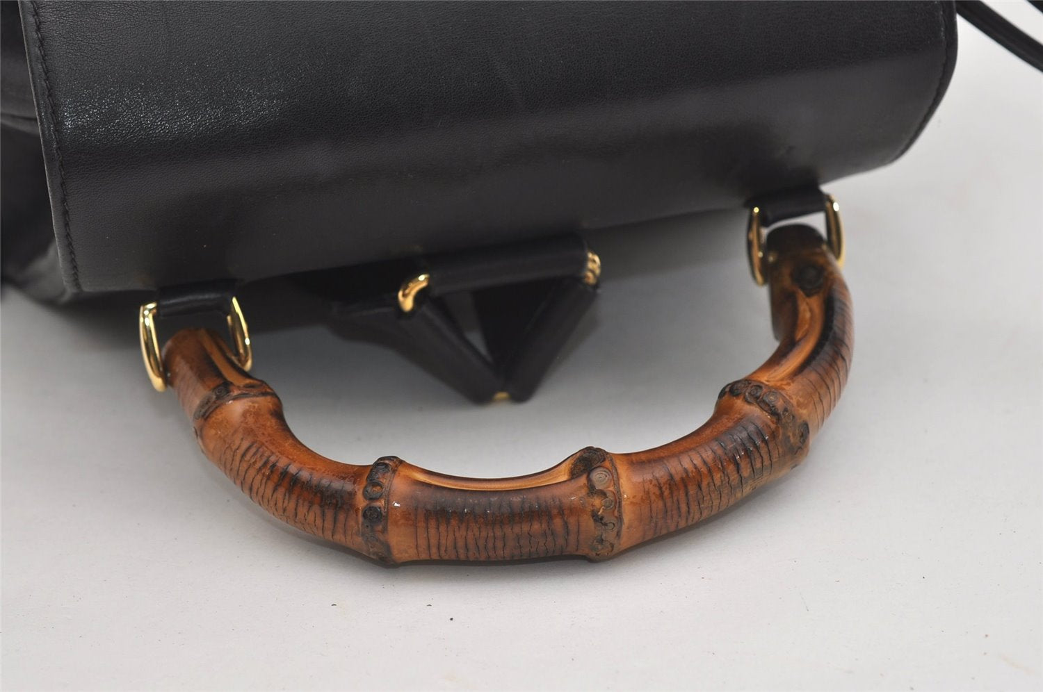 Authentic GUCCI Vintage Bamboo Drawstring Backpack Purse Leather Black 4870J