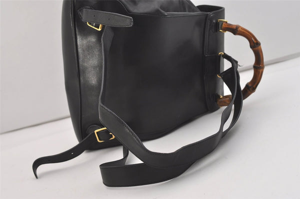 Authentic GUCCI Vintage Bamboo Drawstring Backpack Purse Leather Black 4870J