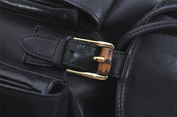 Authentic GUCCI Vintage Bamboo Drawstring Backpack Purse Leather Black 4870J
