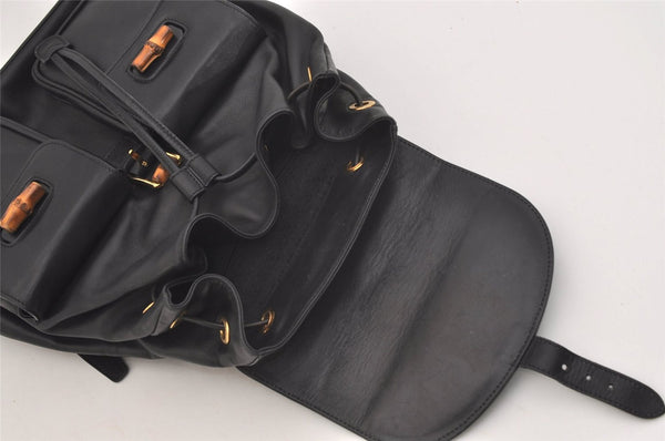 Authentic GUCCI Vintage Bamboo Drawstring Backpack Purse Leather Black 4870J