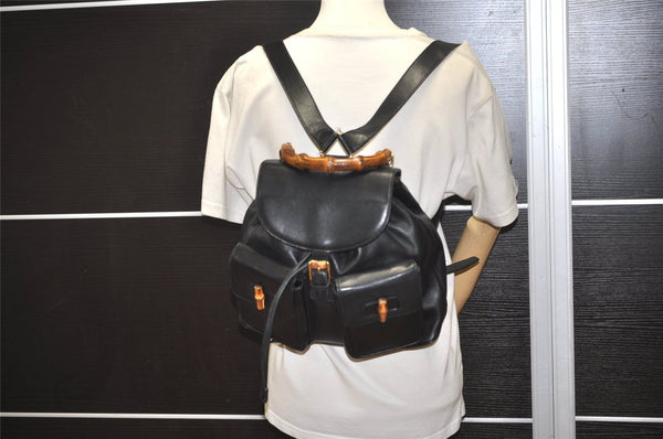 Authentic GUCCI Vintage Bamboo Drawstring Backpack Purse Leather Black 4870J
